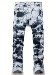 Tie Dye Slim Fit Ripped Jeans Men Casual Street Mid Denim Pants