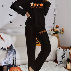 Halloween Pattern Lounge Set Long Sleeve Crew Neck Top & Elastic Waistband Pants