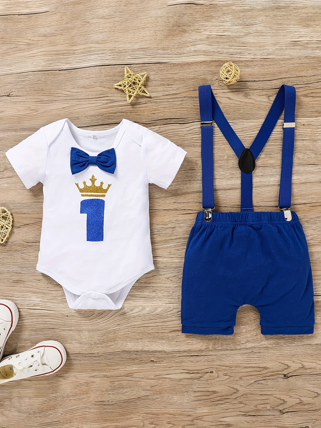 Baby Boy 1st Birthday Outfit Funny Cartoon Graphic Bow Tie Romper & Bib Pants