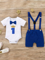 Baby Boy 1st Birthday Outfit Funny Cartoon Graphic Bow Tie Romper & Bib Pants