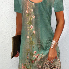 Floral Print Short Sleeve Round Neck Plus Size Dress