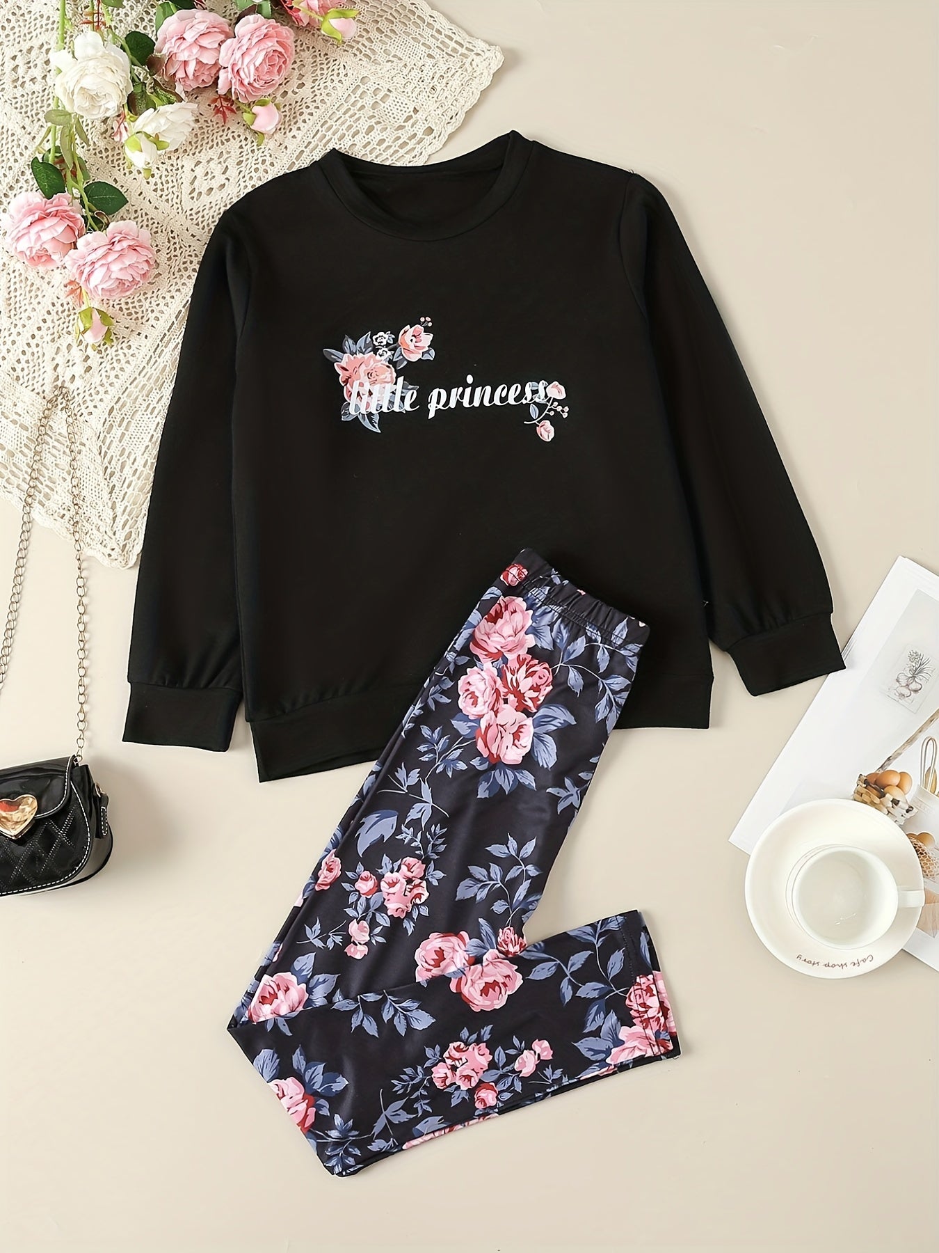 Girl's Floral Outfit 2pcs Set LITTLE PRINCESS Print Kid's Clothes
