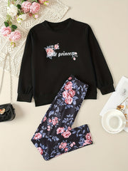 Girl's Floral Outfit 2pcs Set LITTLE PRINCESS Print Kid's Clothes