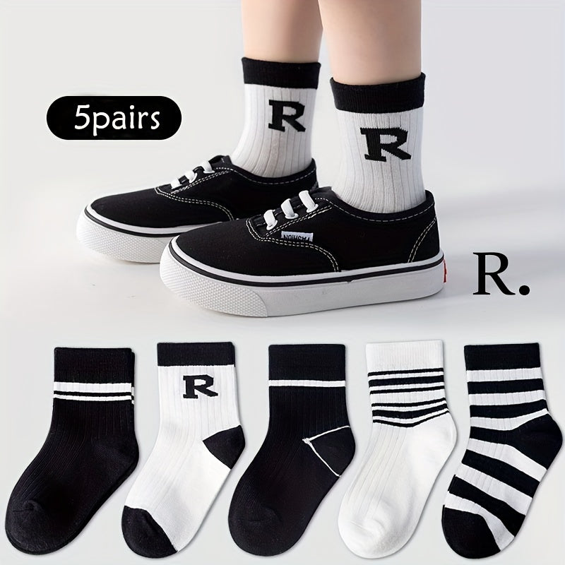 5 Pairs Girls Medium Tube Socks Autumn Winter Striped Regular Fashionable Socks