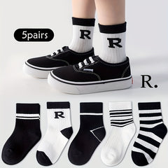 5 Pairs Girls Medium Tube Socks Autumn Winter Striped Regular Fashionable Socks