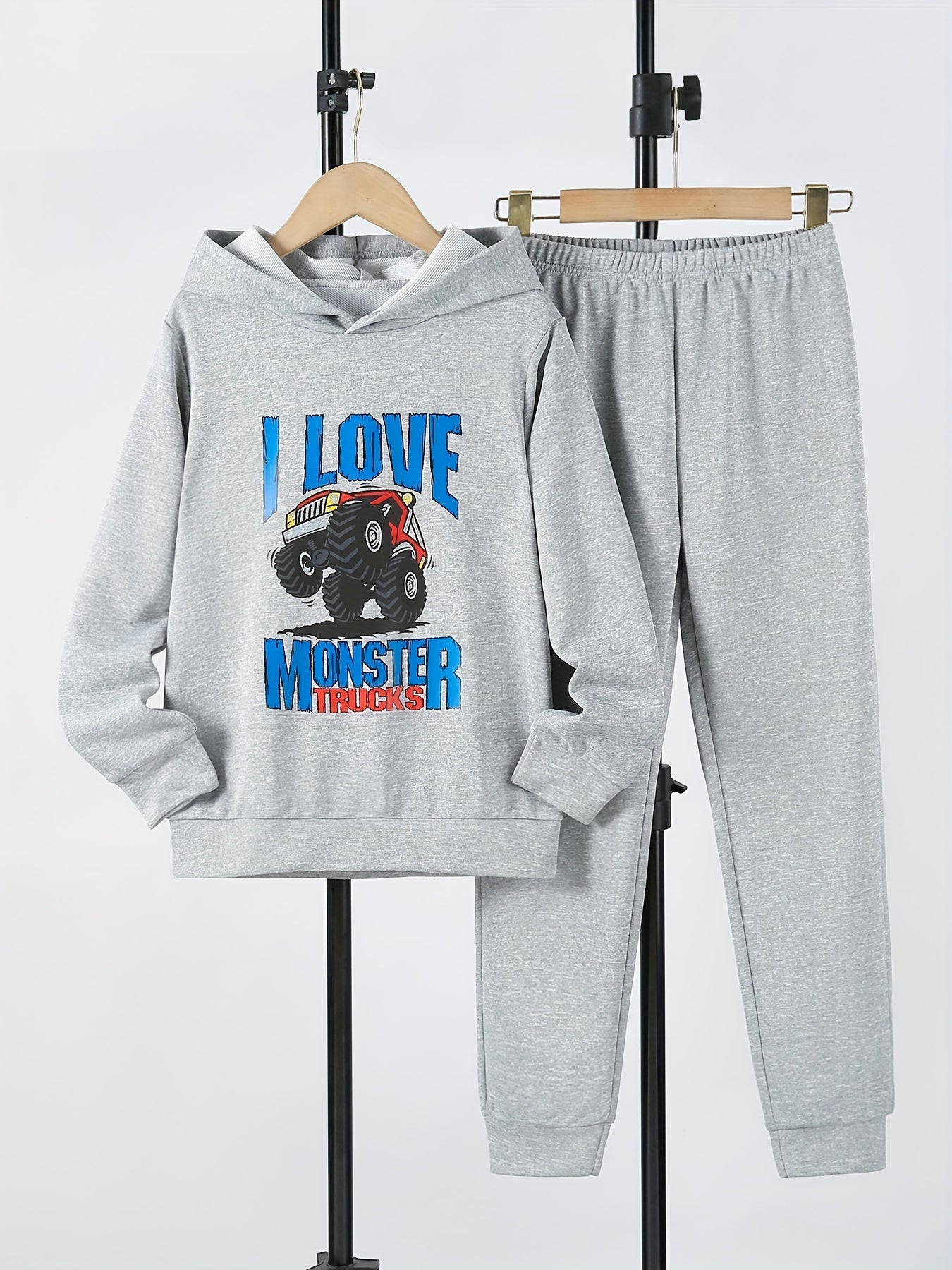 Boy's Truck Pattern 2pcs Hoodie & Sweatpants Set I LOVE MONSTER TRUCKS