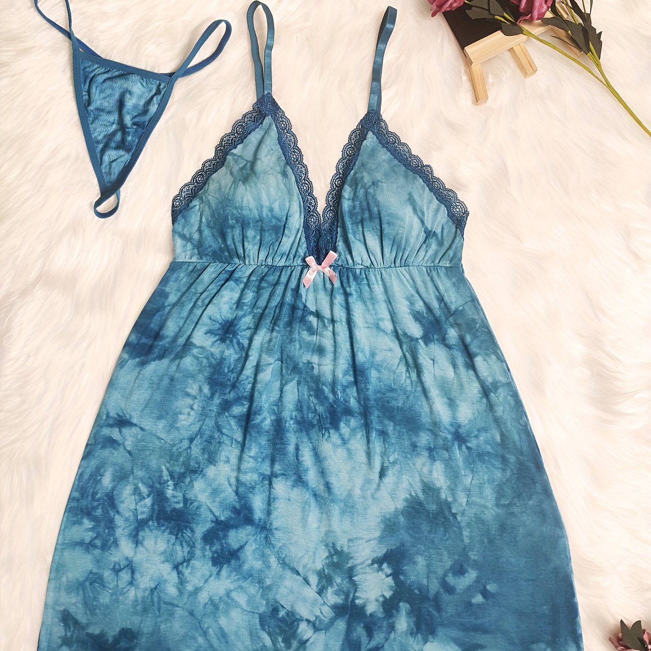 Tie Dye Print Slip Nightdress Lace Trim Backless Sleep Dress Women's Sleepwear