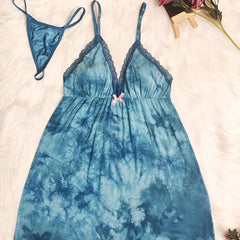 Tie Dye Print Slip Nightdress Lace Trim Backless Sleep Dress Women's Sleepwear