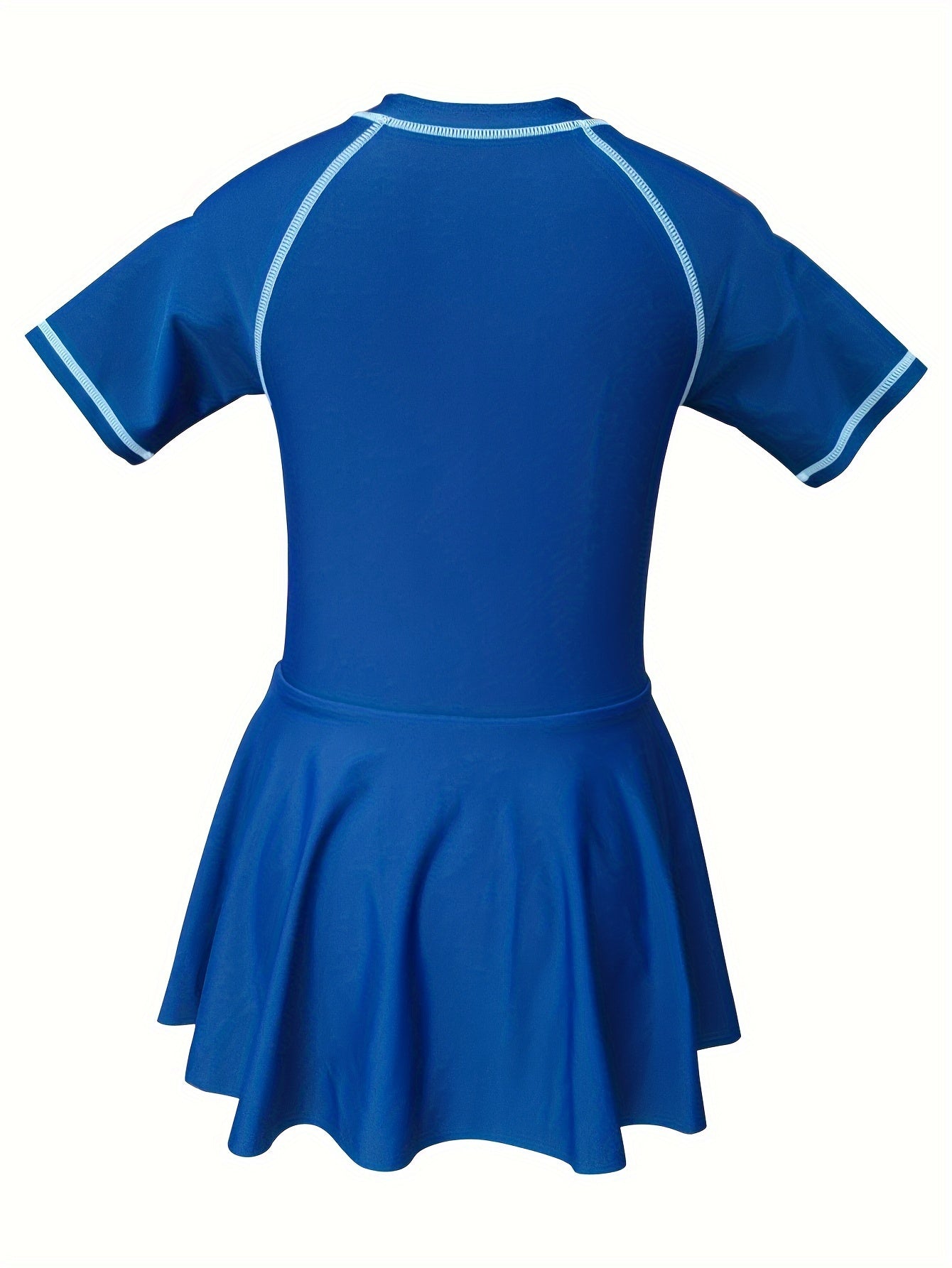 Girls Colorblock Short Sleeve 1pc Swimwear With Swim Cap