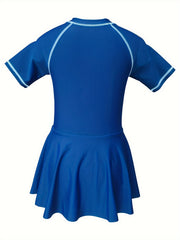 Girls Colorblock Short Sleeve 1pc Swimwear With Swim Cap