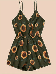 Sunflower Print Cami Romper Jumpsuit V Neck Sleeveless