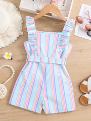 Girls Ruffle Trim Striped Romper with Belt, Summer Jumpsuit