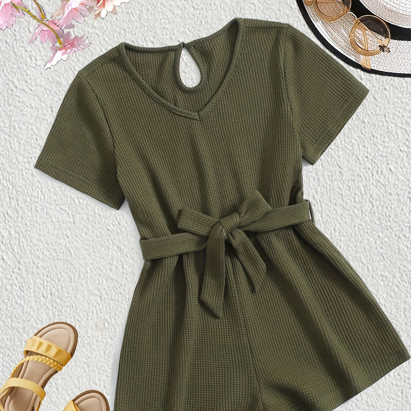 Girls V Neck Jumpsuit With Belt For Kids
