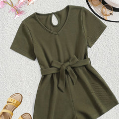 Girls V Neck Jumpsuit With Belt For Kids