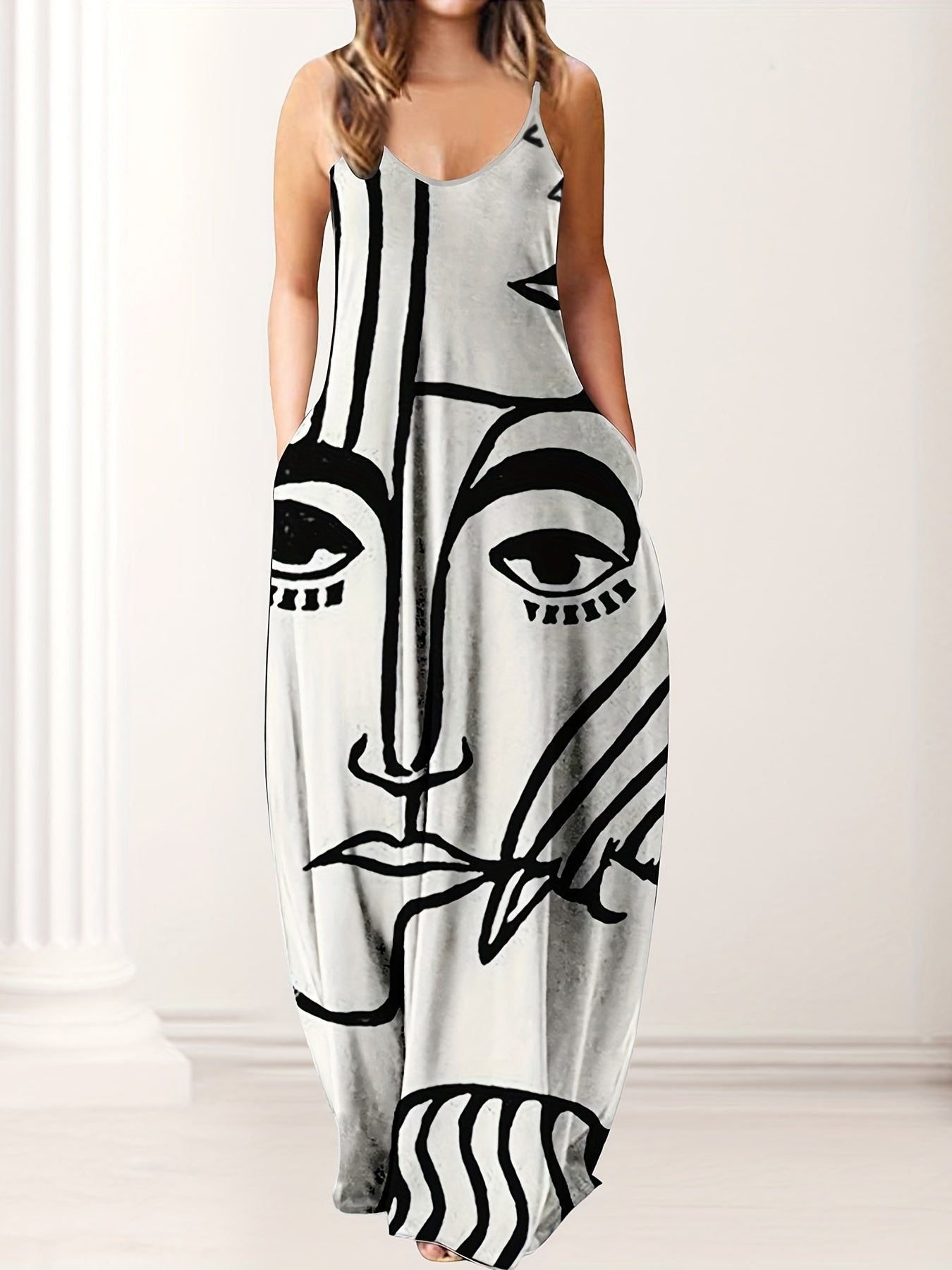 Women's Plus Abstract Figure Print V Neck Cami Maxi Dress