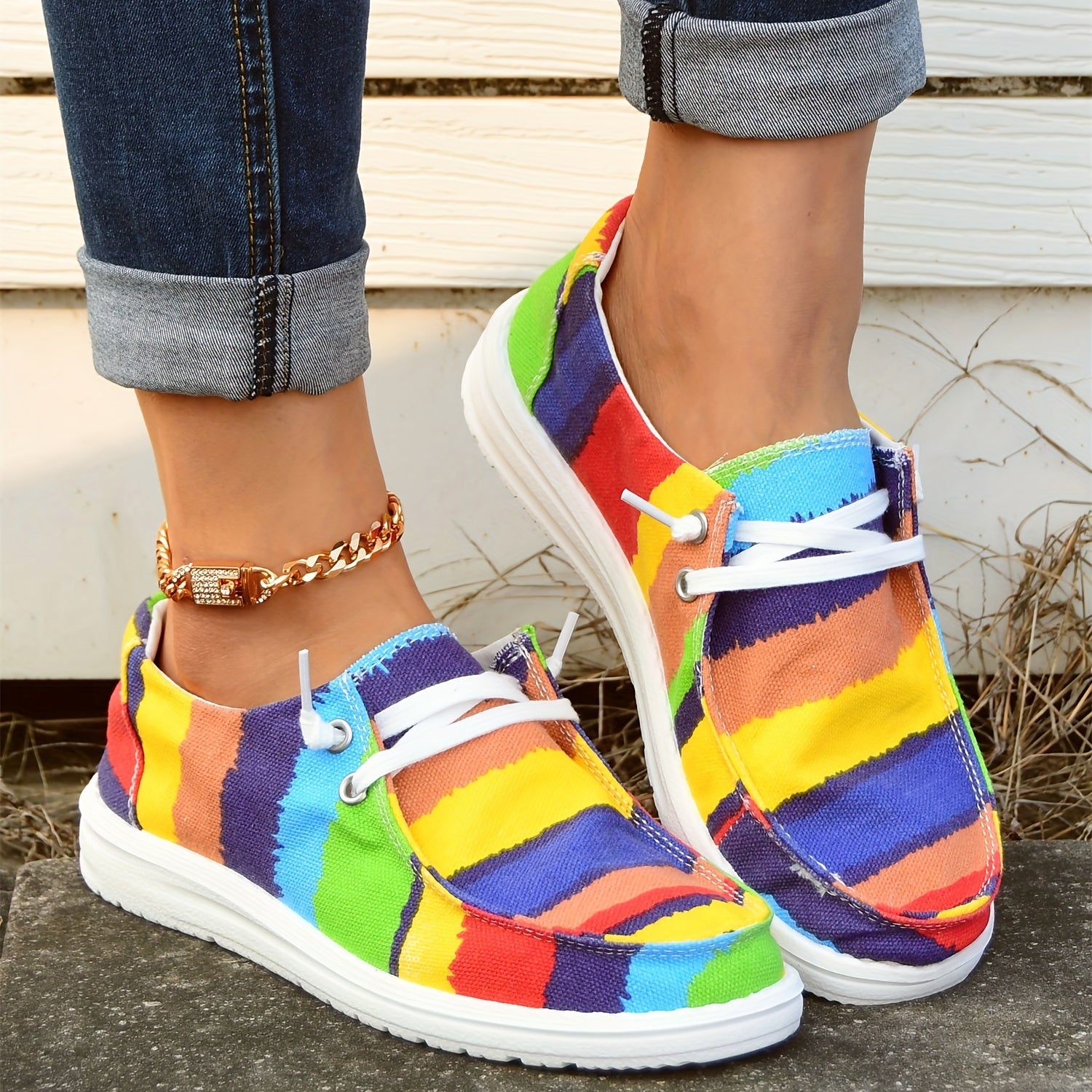 Rainbow Striped Boat Shoes Lace Up Platform Skate Shoes