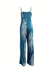 Leaf Print Wide Leg Cami Jumpsuit Backless Spaghetti Jumpsuit