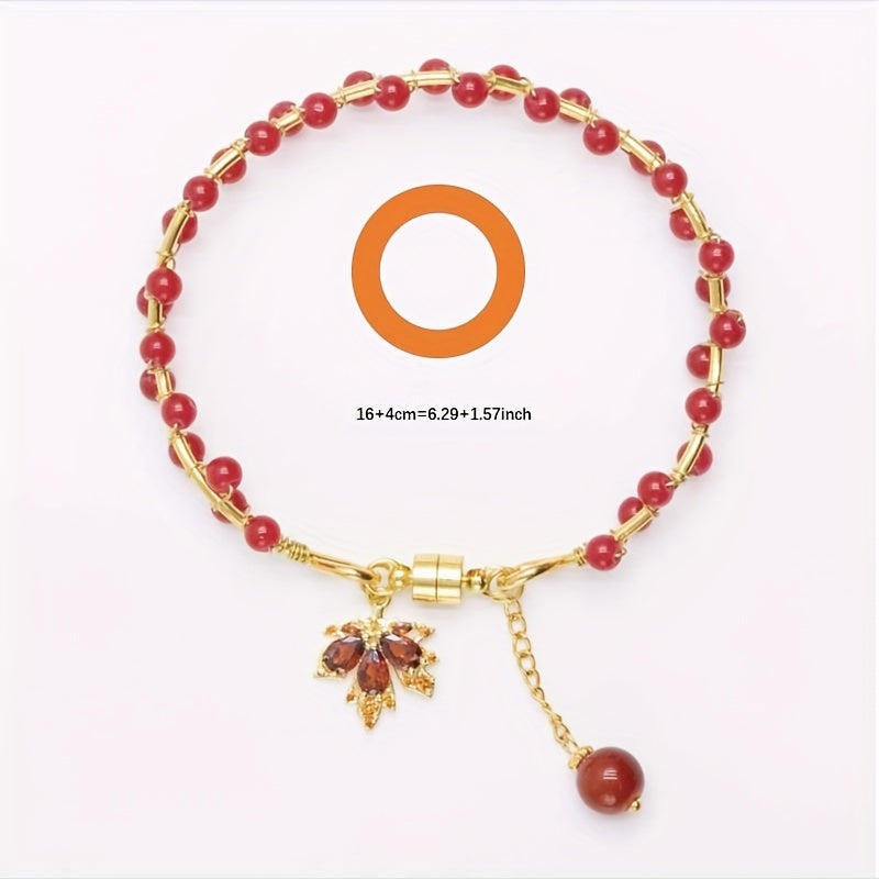 Red Bead Maple Leaf Bracelet for Girlfriend - Wedding Party Graduation Gift