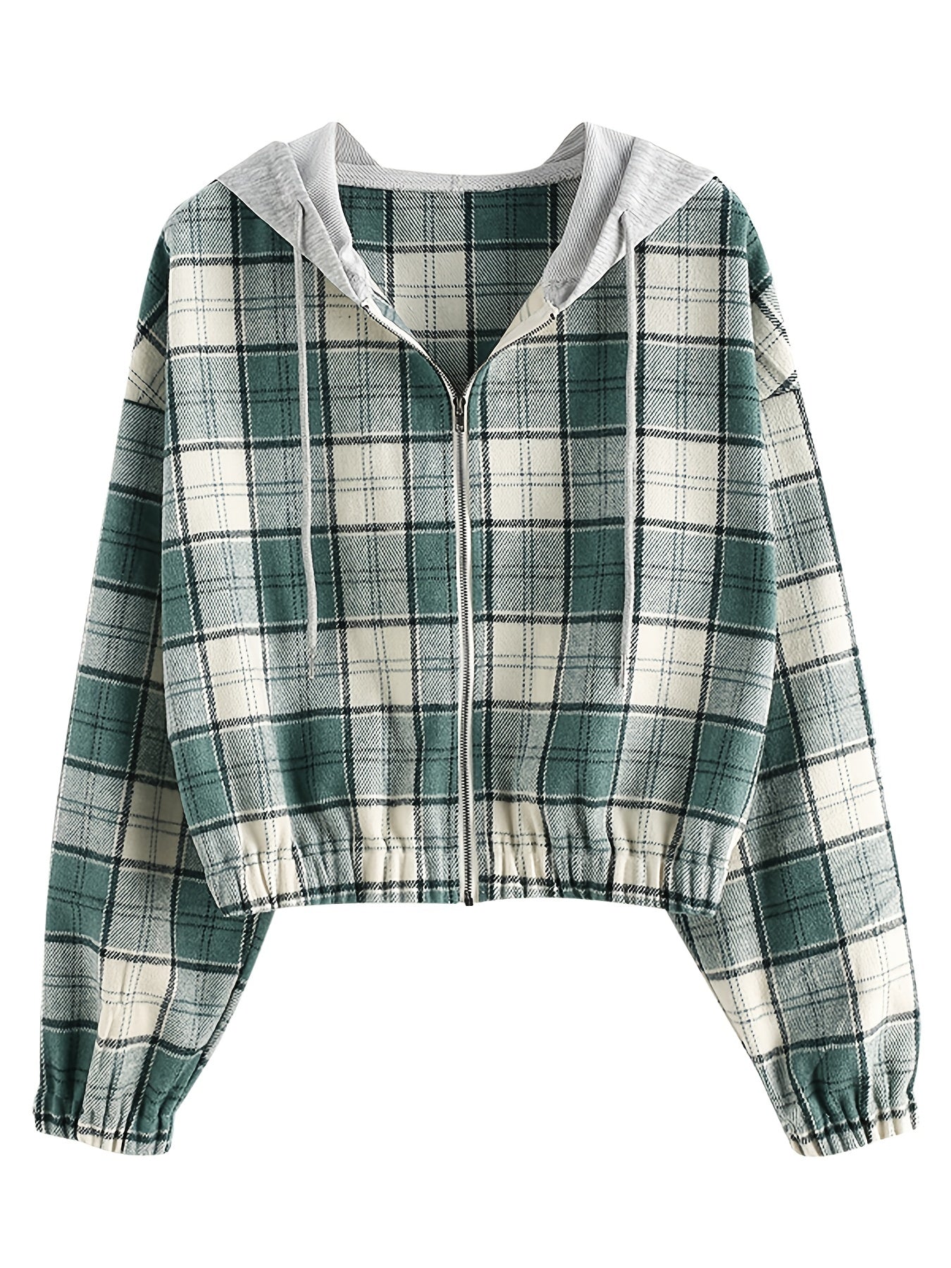 Plaid Crop Jacket Hooded Zipper