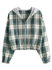 Plaid Crop Jacket Hooded Zipper