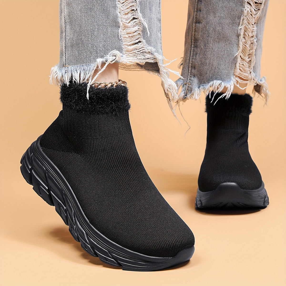 Plush Furry Slip On Mesh Breathable Running Shoes