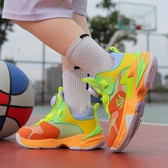 Boy's Color Block Basketball Shoes - Rotating Buckle Non Slip Sneakers