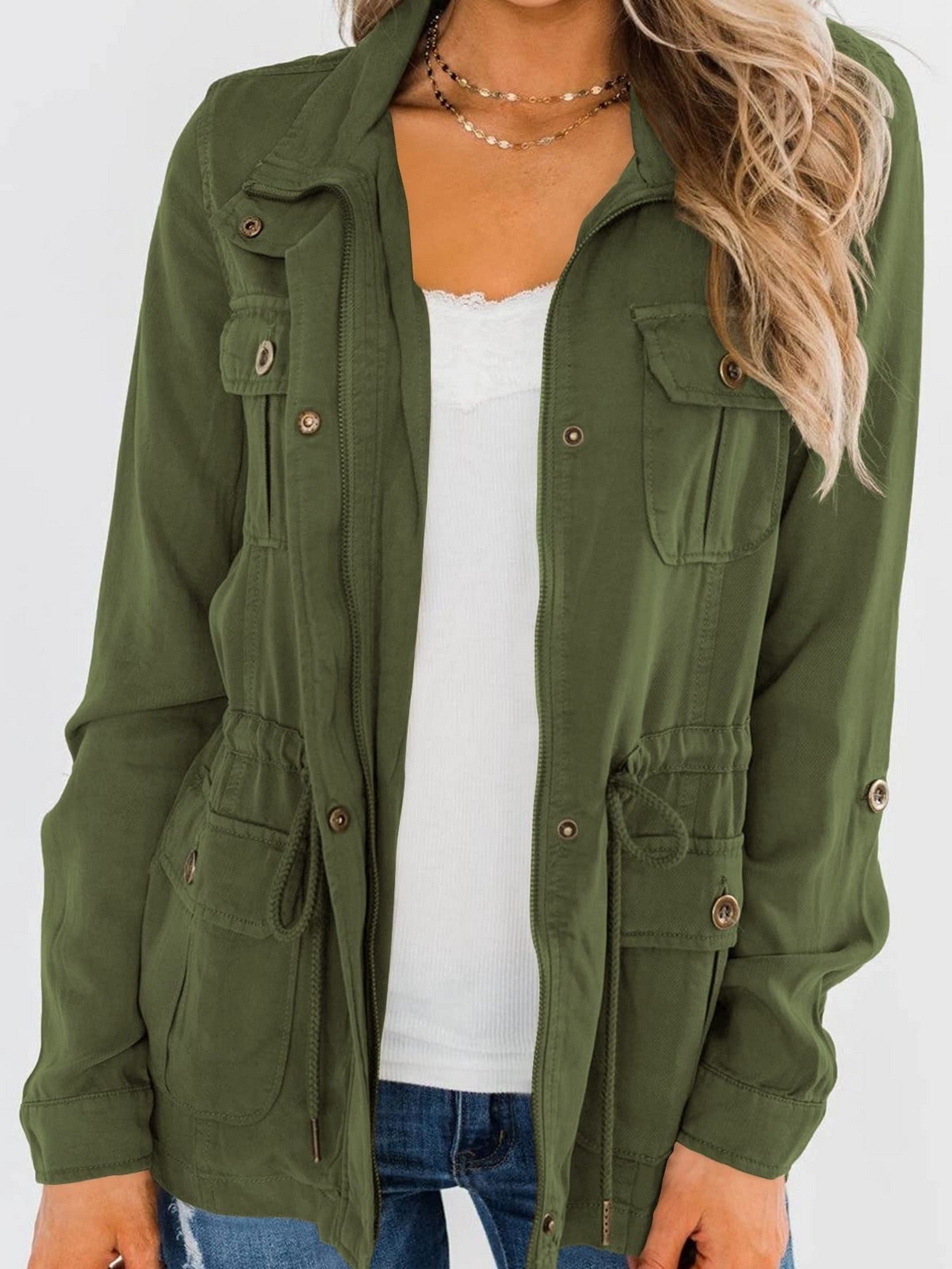 Casual Pockets Jacket Lapel Long Sleeve Loose Waist Drawstring Outerwear