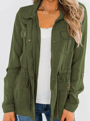 Casual Pockets Jacket Lapel Long Sleeve Loose Waist Drawstring Outerwear