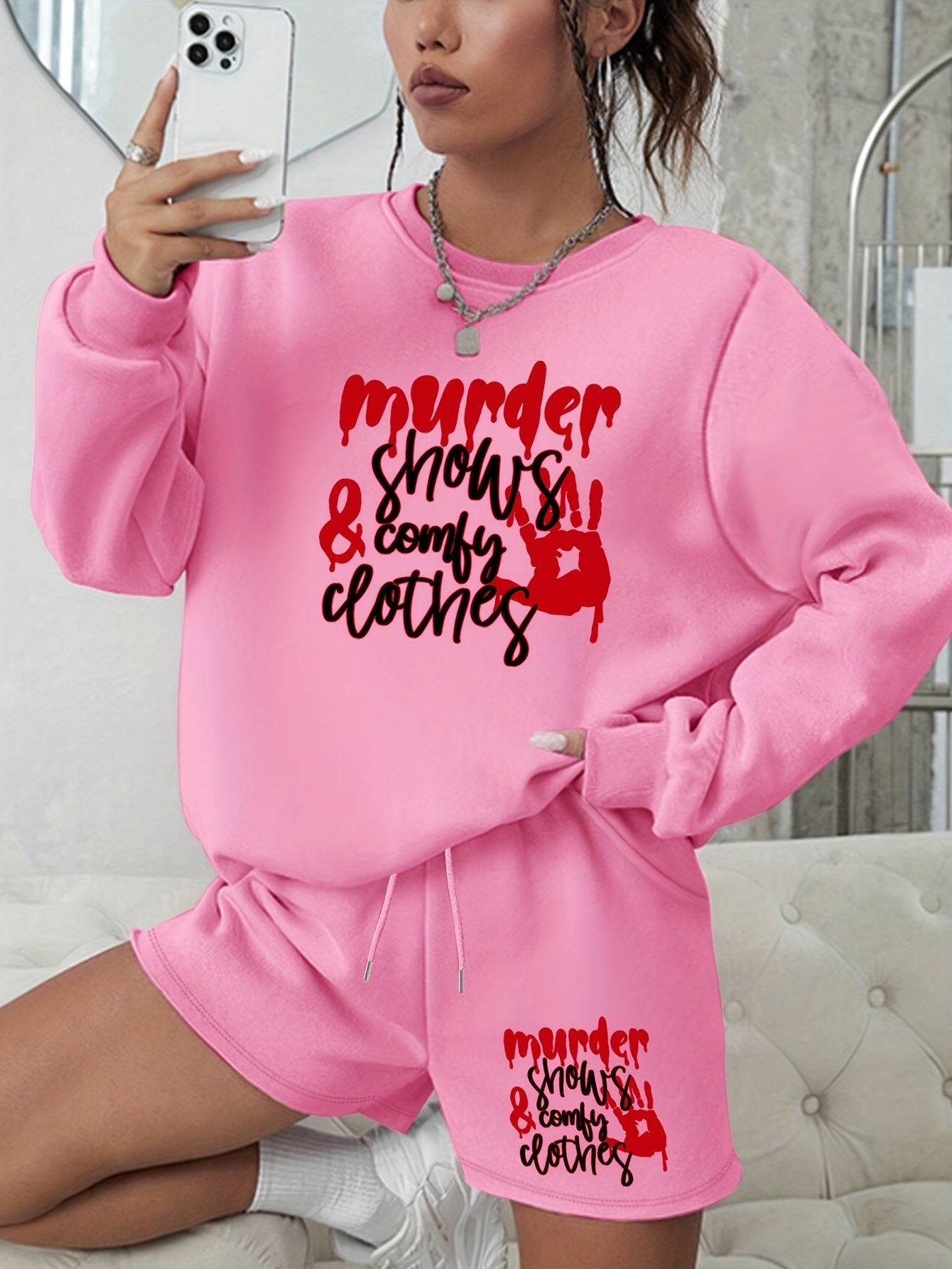 Women's Plus Size Hand & Letter Print Sweatshirt & Shorts Set