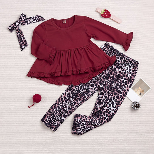 Girls' Frill Trim Peplum Top and Leopard Bow Pant Set