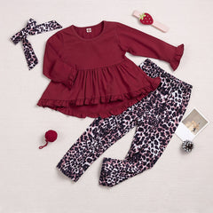 Girls' Frill Trim Peplum Top and Leopard Bow Pant Set