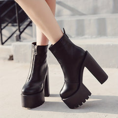 Women's Block Heel Boots Front Zipper Platform Shoes