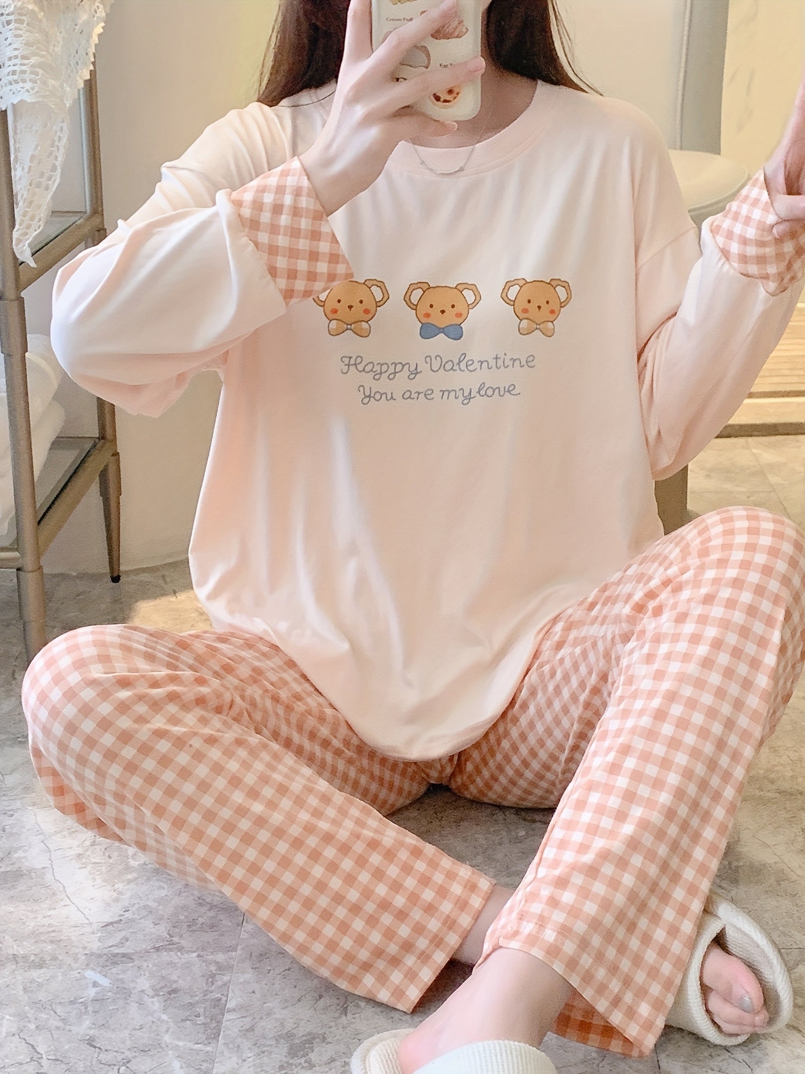 Bear & Plaid Pajama Set Long Sleeve Top & Pants