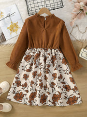 Girls Ribbed Ruffle Dress Floral Print Long Sleeve Round Neck Kids Clothes
