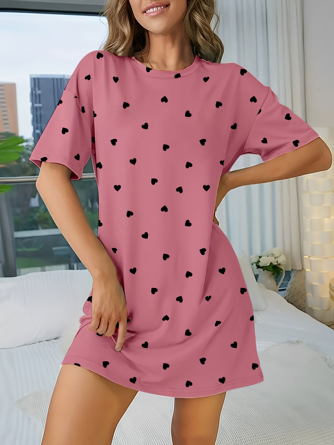 Heart Print Nightdress Short Sleeve Crew Neck Pajama Dress