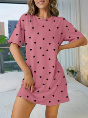 Heart Print Nightdress Short Sleeve Crew Neck Pajama Dress