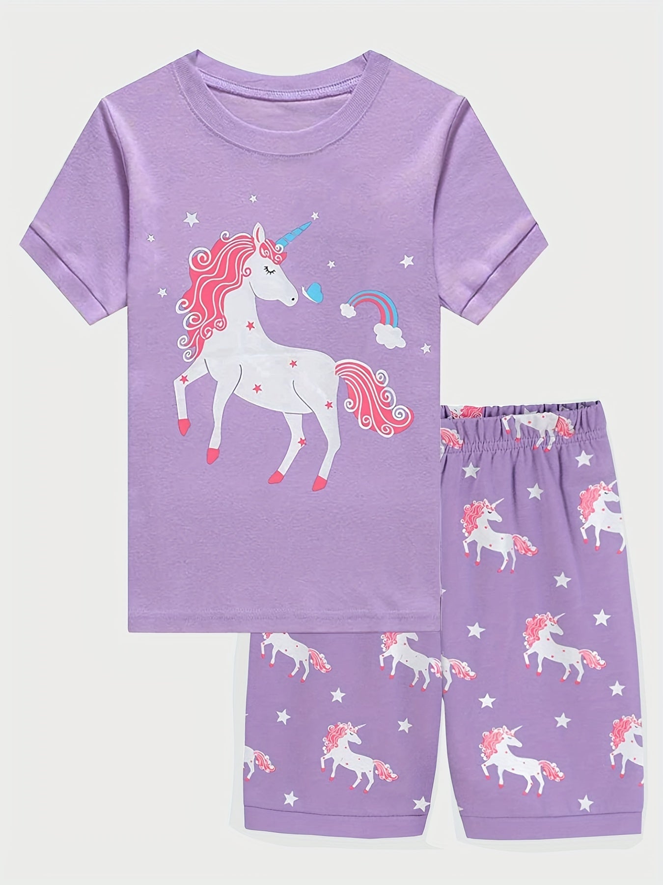 Girls Unicorn Graphic Pajamas Set Short Sleeve Tee & Shorts Sleepwear