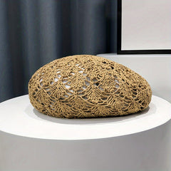 Crochet Hollow Beret Cap Breathable Straw Beanie Women Painter Hat