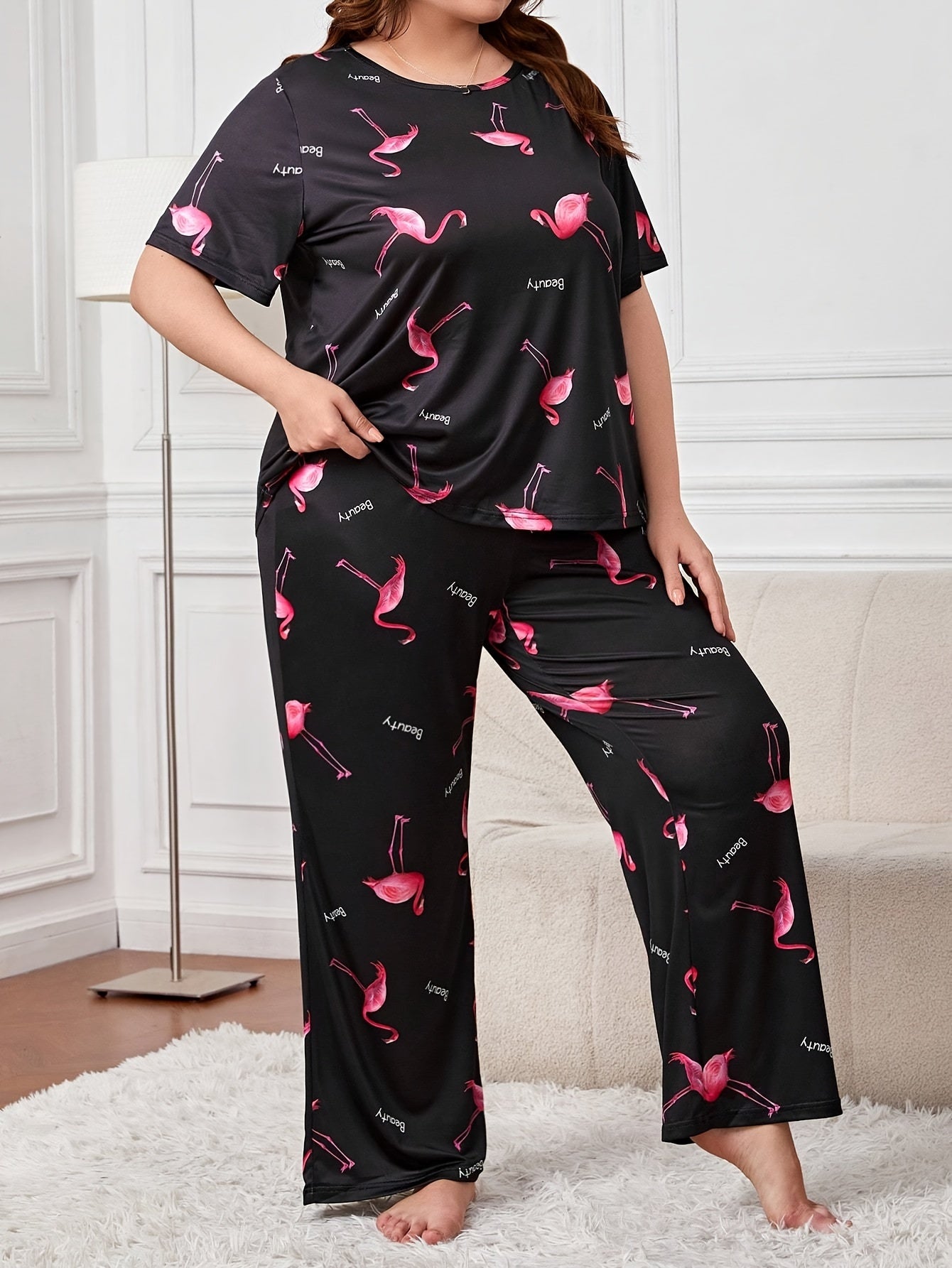 Flamingo & Letter Print Tee & Pants Lounge Set