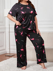 Flamingo & Letter Print Tee & Pants Lounge Set