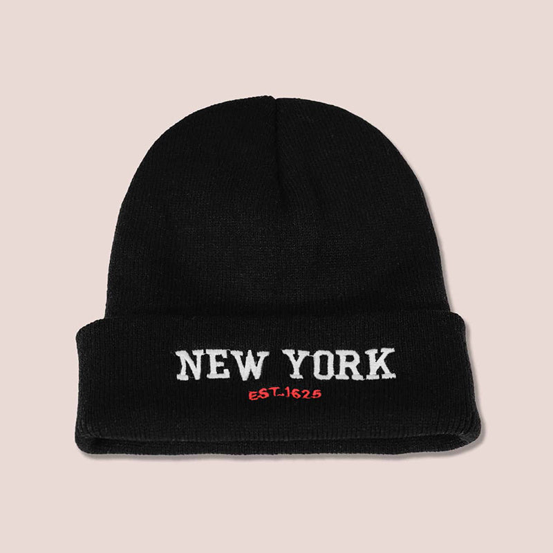 Solid Vintage Embroidered Knit Hat 'NEW YORK'