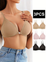 3pcs Seamless Wireless Front Buckle Push Up Bra Women's Lingerie