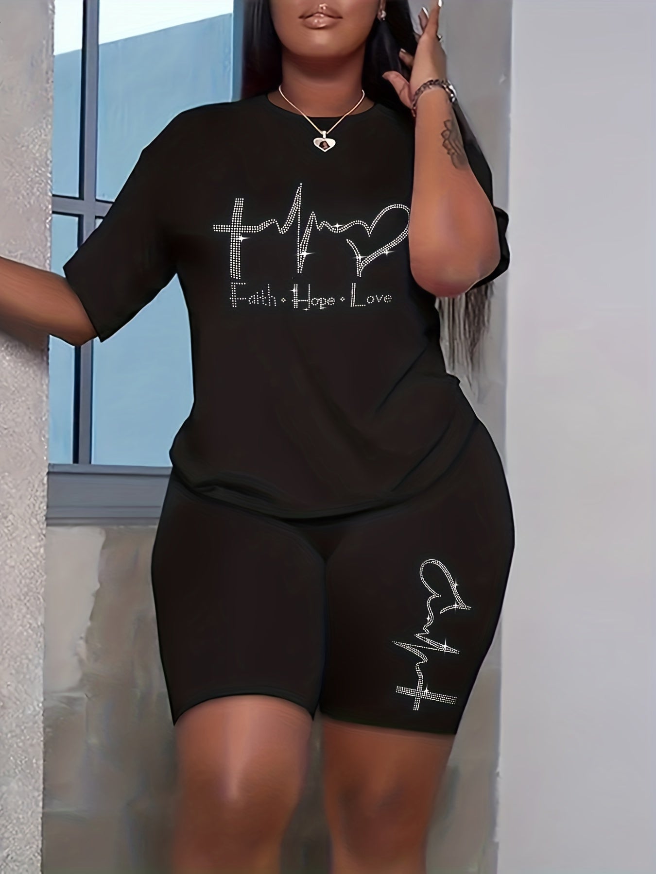 Rhinestone Letter Tee & Shorts 2 Piece Set