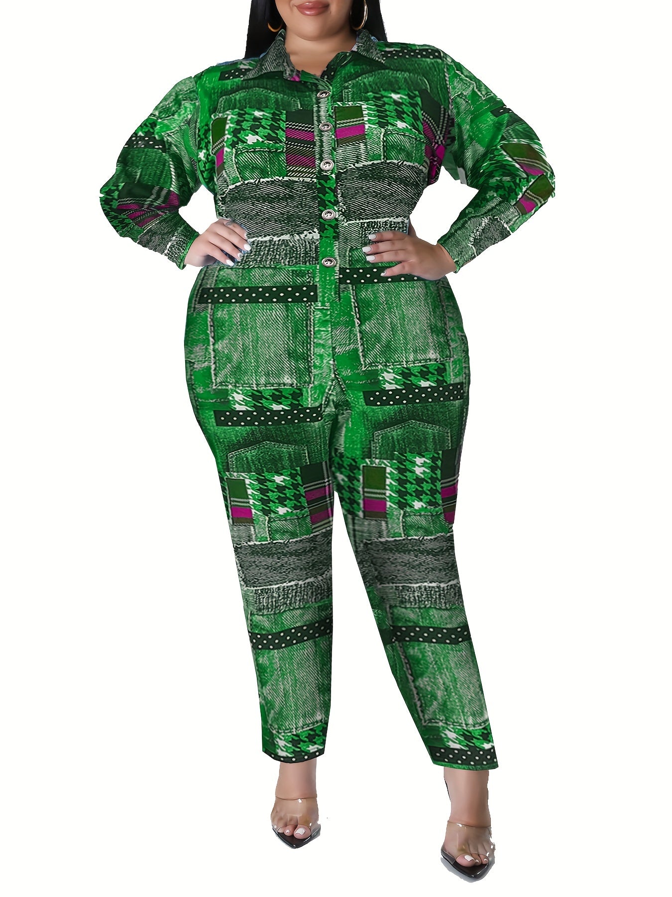 Sexy Jumpsuit Women's Plus Patchwork Print Button Up Long Sleeve