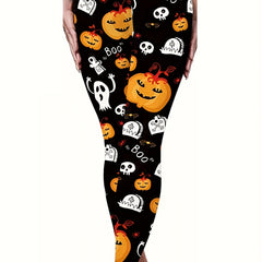 Women's Plus Pumpkin & Skull Print High Rise Leggings