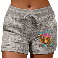 Cow Head Print Drawstring Casual Shorts for Spring & Summer