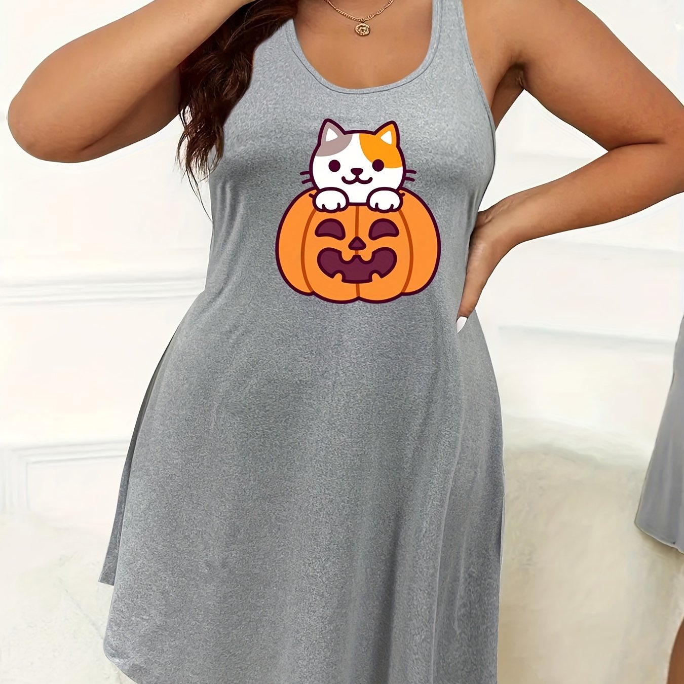 Halloween Nightdress Women's Cat & Pumpkin Print Round Neck