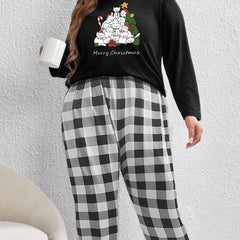 Cats & Christmas Tree Pajama Set Long Sleeve Tee & Plaid Pants