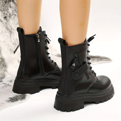Women's Platform Combat Boots Round Toe Chunky Low Heeled Boots