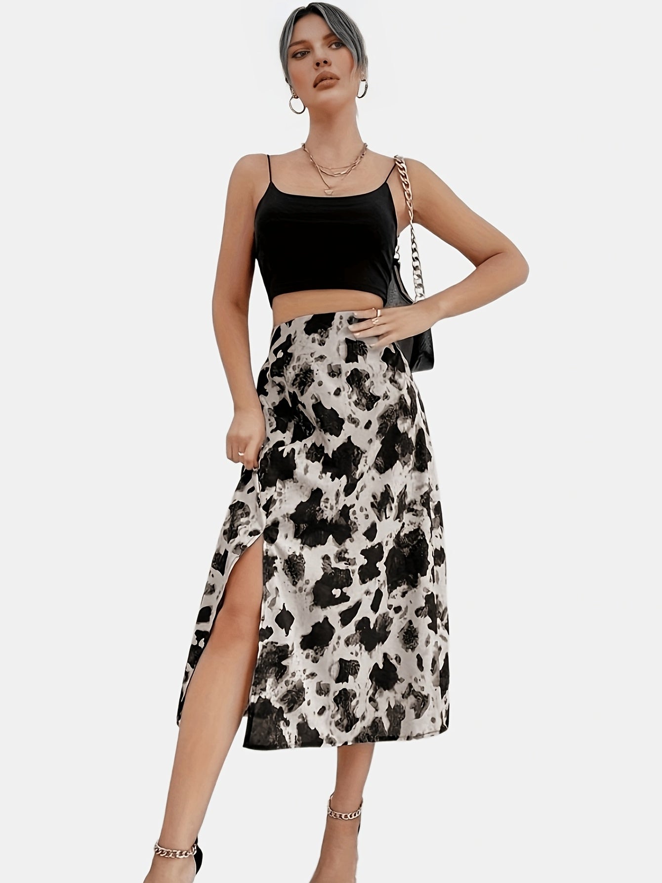 Graphic Print Split Skirt High Waist Casual Summer Women's Clothing